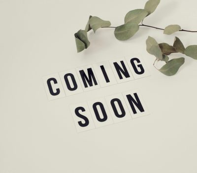 Eucalyptus branch with 'Coming Soon' message on white background for announcements.